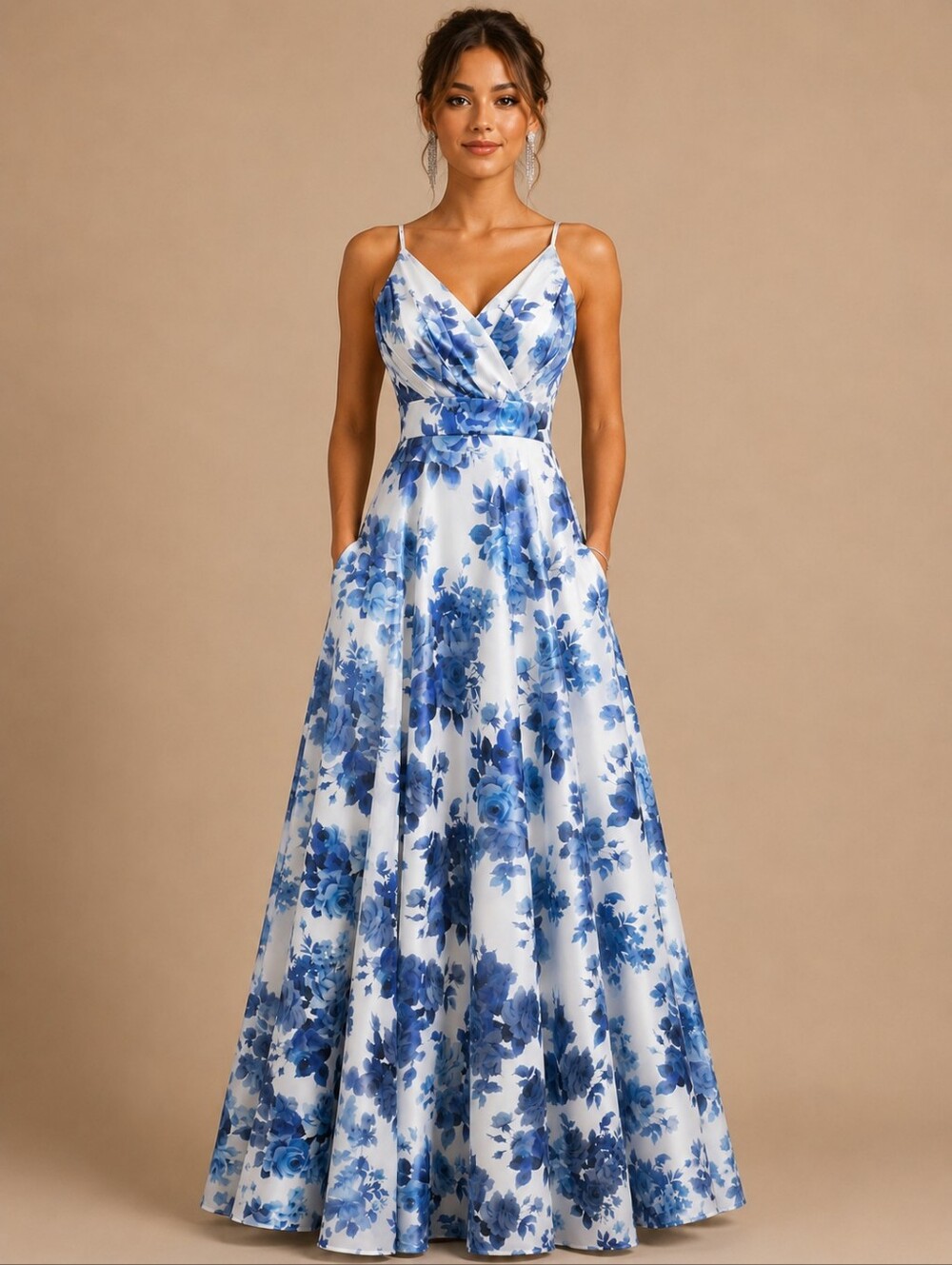 City Vibe Blue White Floral Formal Prom Maxi Dress Size S Pockets